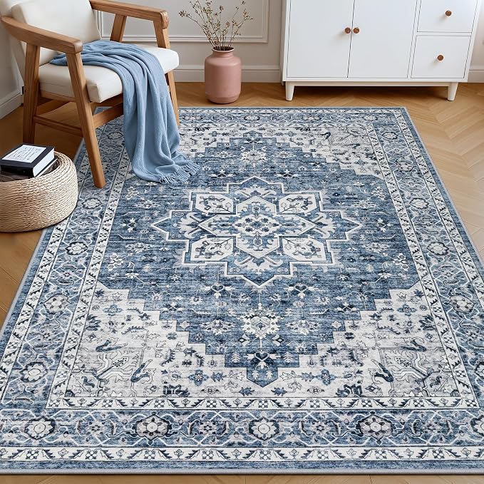 3x5 Area Rugs Living Room: Washable Vintage Rug for Bedroom Blue | Boho No Slip Stain Resistant Rug Soft Indoor Decor Floor Floral 3x5 Area Rugs for Dining Room, Nursery, Hallway, Home Office