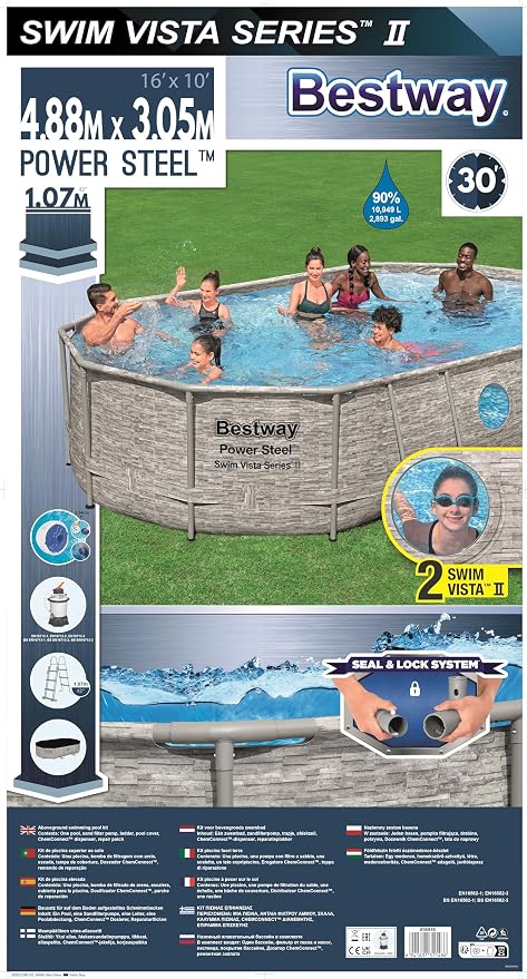 Bestway Power Steel Swim Vista Series Frame Pool Complete Set with Sand Filter System, 488 x 305 x 107 cm, Stone Wall Effect (Cream Grey), Oval