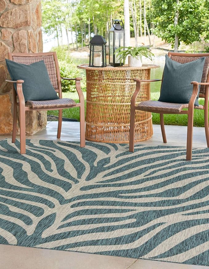 Unique Loom Outdoor Safari Collection Area Rug - Tsavo (10' Square, Teal/ Ivory)