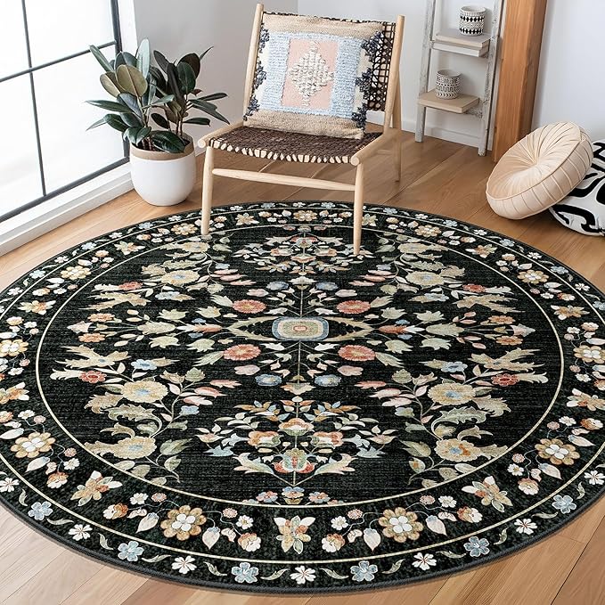 Round Rug 4ft Small Cicle Area Rug Washable Ultra-Thin Floral | Machine Washable Boho Circular Throw Carpet for Entryway Bedroom Kitchen Floor Indoor Low Pile Non Slip Boho Vintage Black
