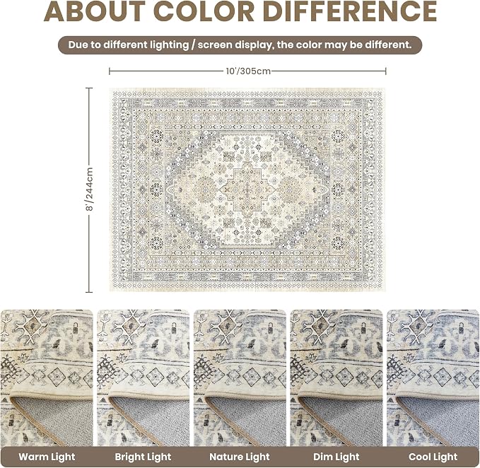 8x10 Area Rugs for Living Room,Large Washable Rug,Beige | Rugs for Bedroom,Dining Room,Office,Low Pile,Soft, Vintage Rug,Stain Resistant Indoor Carpet,Non Slip,Home Decor