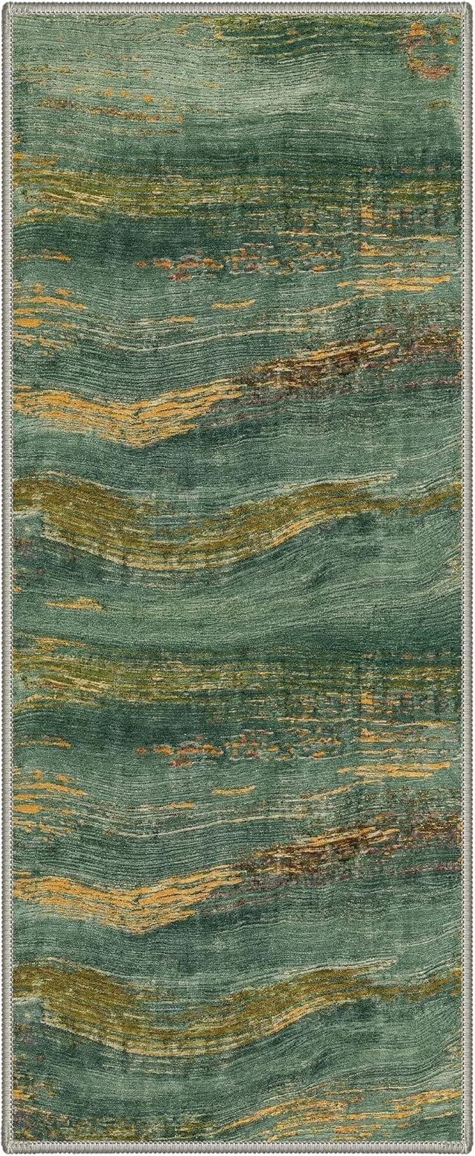 BEIMO 2x8 Non Slip Runner Rugs for Hallway, Wave Abstract Teal Gold | Soft Machine Washable Modern Runners,Streaks Pattern Indoor Marble Carpet for Kitchen Laundry Room Bedroom Bathroom