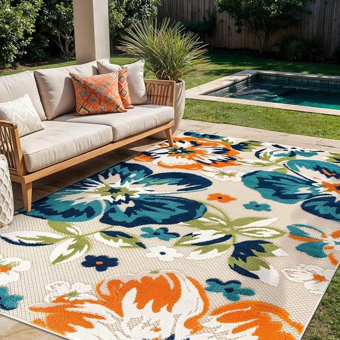 Rugshop Multi Bergamo Floral Indoor/Outdoor Area Rug for Patio, Porch and Dining Area, 6'6" x 9'