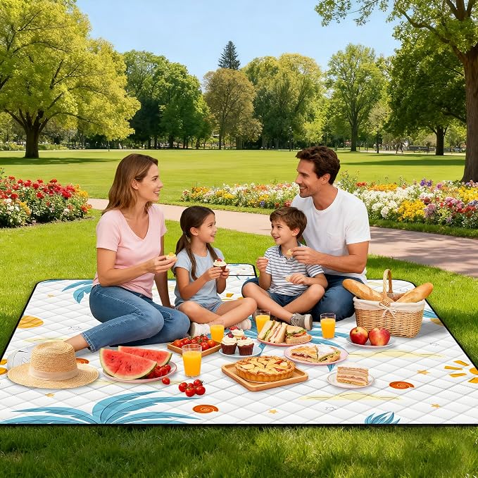 Extra Large Picnic Blanket Waterproof,80"x 80"Foldable Machine Washable Beach Blanket,Outdoor Blanket for 6-8 Adults,Suitable for Indoor Crawling,Park Beach,Camping,Hiking,Family Travel(Island)