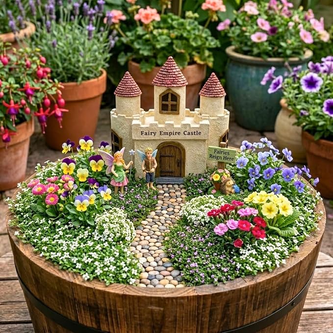 PRETMANNS Fairy House Kit - Fairy Garden Accessories for Outdoor Miniature Village Decor, with Castle, Prince and Princess Fairies & Sign - House, 9’ High & Door can Open Wide - 4 Piece Supplies