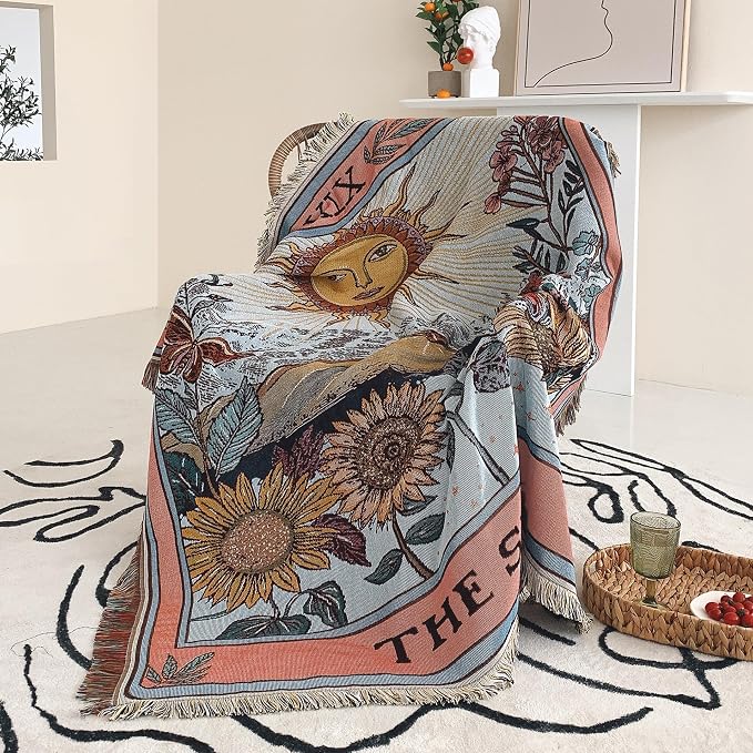 Boho Throw Blanket Reversible Cotton Bohemian Tapestry Hippie Room Decor Double Sided (Boho The Sun 50"x60")