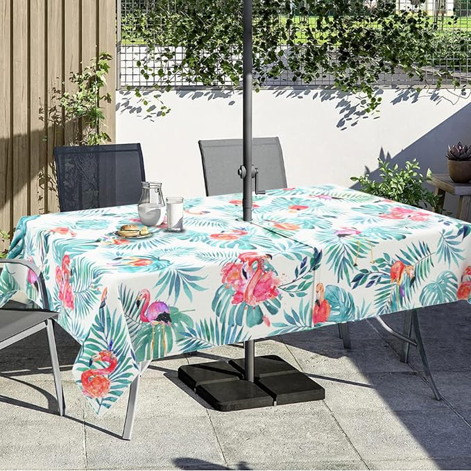 Outdoor Tablecloth with Umbrella Hole and Zipper, Rectangle Patio Table Covers for Spring/Summer, Machine Washable Outdoor Picnic Table Cloth (Flamingo, 60" × 120" Rectangular)