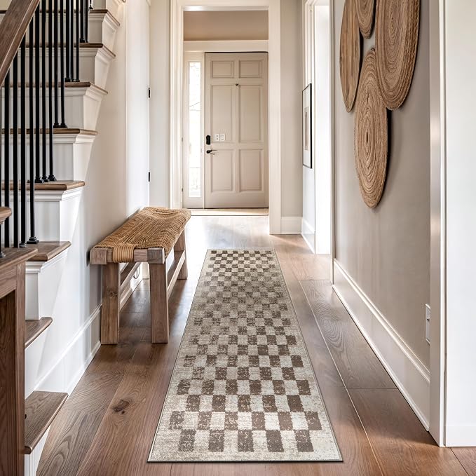 Rugshop Contemporary Checkered Grid Textured Runner Rug Beige 2' 3" x 8' | Size 2' 3" x 8', Living Room, Bedroom, Dining Room, Home Office, Kitchen, Entryway, Hallway, Nursery, Kids Room, Guest Room