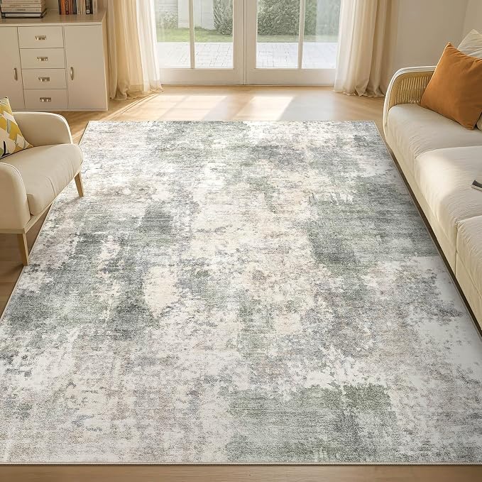 Tortania Washable 6x9 Area Rug for Living Room: Modern Abstract Neutral Large Soft Thin Rugs - Non Slip Indoor Carpet for Bedroom Dining Room Office Nursery Home Floor Decoration - Gray Green