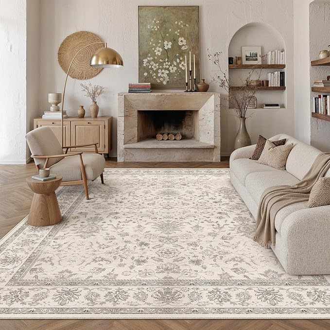 Beige 8x10 Washable Area Rug Neutral Vintage Floral Carpet | Soft Low Pile, Non Slip, Stain Resistant, Retro Accent Decor for Living Room, Bedroom, Dining Room, Kids Room, Office
