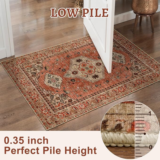 Tangsoo Oriental 3x5 Washable Rugs, Non Slip Accent Rugs for Entryway | Vintage Print Terracotta Indoor Carpet, Boho Soft Low Pile 3x5 Area Rugs for Living Room Bedroom Dining Room Bathroom Decor
