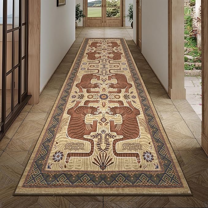 GarveeHome Tiger Print 2.5'x8' Washable Non Slip Runner Boho Hallways Rugs | Brown Kitchen Runner Ultra Thin Soft Vintage Tribal Indoor Throw Floor Carpet for Laundry Entryway Bedroom Bathroom