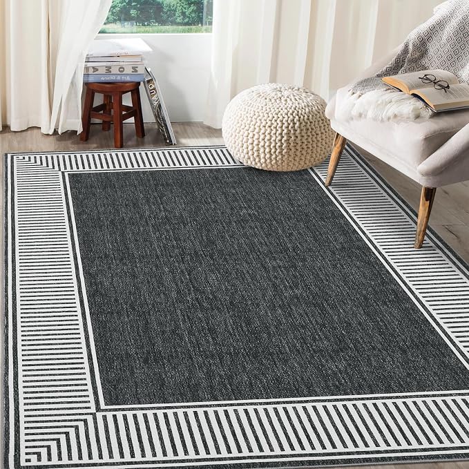 GarveeHome Living Room Area Rug 8x10 Modern Striped Border Throw Carpet | with Rubber Backing Low Pile Stain Resistant Dining Room Rug Contemporary Bordered Carpet for Home Office, Black