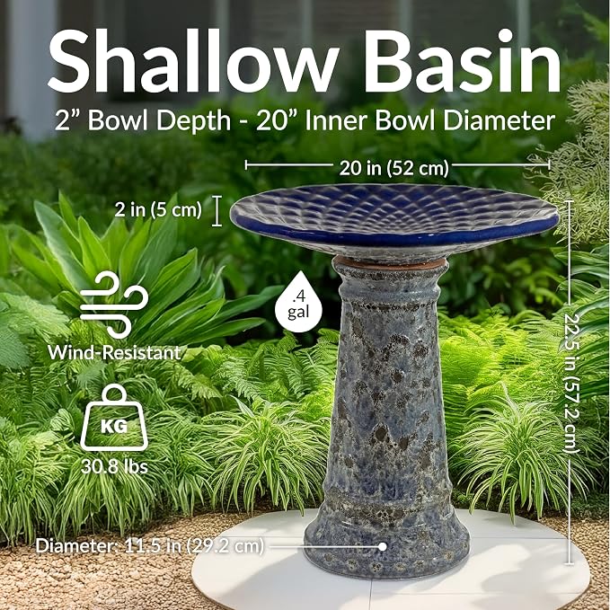 Sunnydaze Rennes Outdoor Ceramic Bird Bath - 22.5" H - UV- and Frost-Resistant - Glazed Bowl with Blue Lava Finish