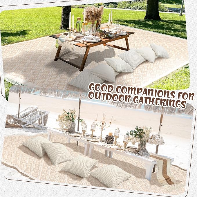Beeveer Extra Large Outdoor Boho Picnic Blanket 181'' x 71'' Beige White Table Runner 6 Throw Pillow Cover Woven Cotton Yarn Oversize Beach Blanket Washable for Picnic Camp Wedding