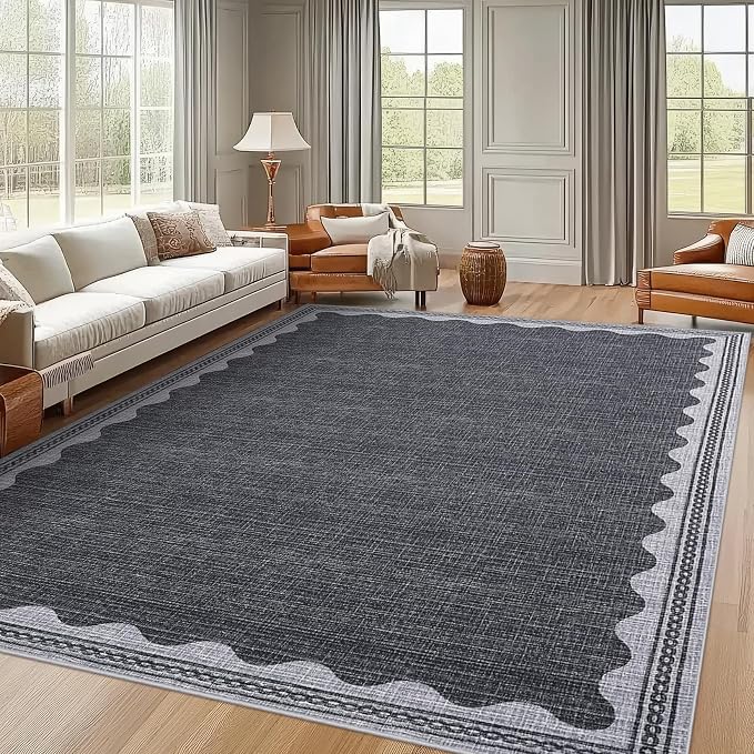 8x10 Scalloped Area Rugs Grey Washable Living Room Bedroom Rug | Solid Tan Rug for Bedroom Girls, Non Slip Throw Carpet With Rubber Back, Soft Dorm Nursery Scalloped Rugs for Dining Room