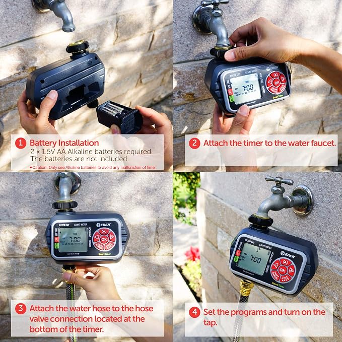 Eden 93411 1-Zone Digital Water Timer with LCD Display - Programmable Sprinkler System Manual Watering Rain Delay and Moisture Sensor Compatibility