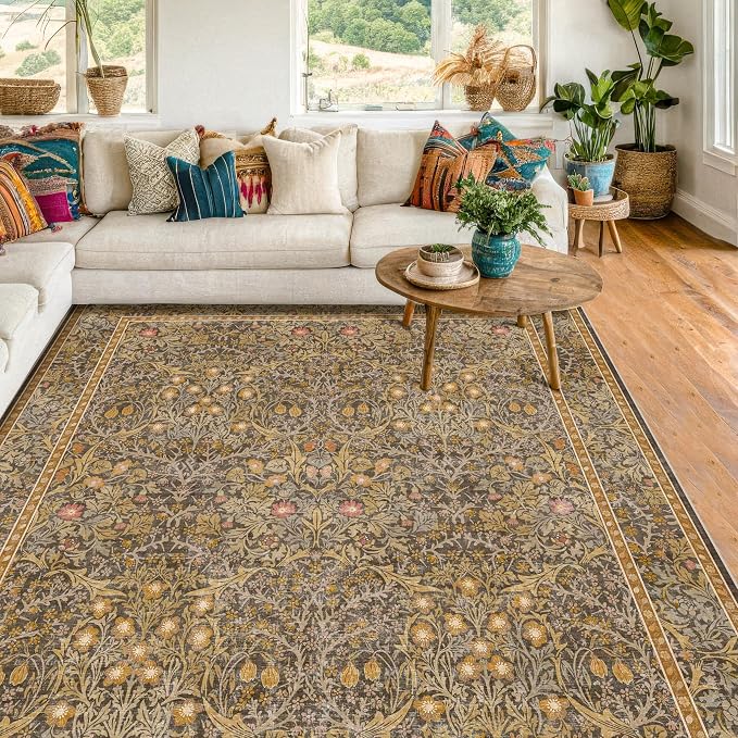 Gold Brown Floral Living Room Rug 5x7 - Vintage Forest Washable Area Rugs for Dining Room, Bedroom, Oriental Distressed Low Pile Non Slip Stain Resistance Indoor Earthy Carpet