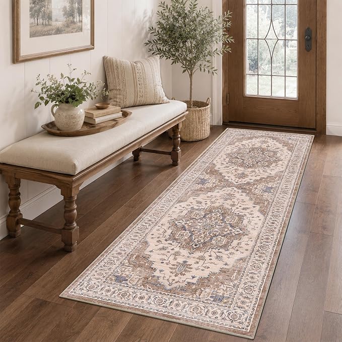 2x6 Vintage Runner Rug Low Pile Non-Slip Washable Hallway Rug | Retro Print, Non-Shedding, Soft Washable Neutral Carpet, Stain Resistant Runner, for Hallway Kitchen Bedroom Laundry Room