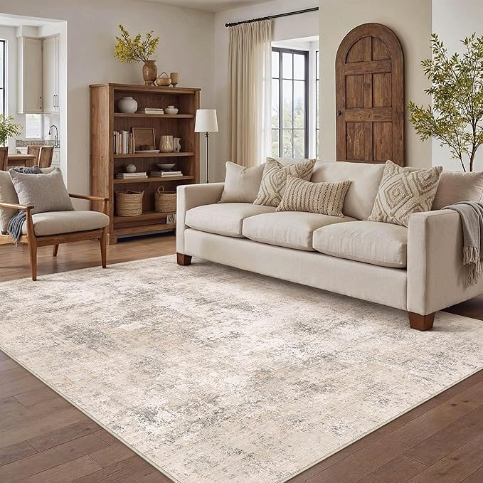 5x7 Beige Modern Abstract Washable Area Rug for Living Room | Low Pile, Non Slip, Modern Abstract Style, Soft Indoor Rug for Living Room, Bedroom, Dining Room, Office, Home Decor