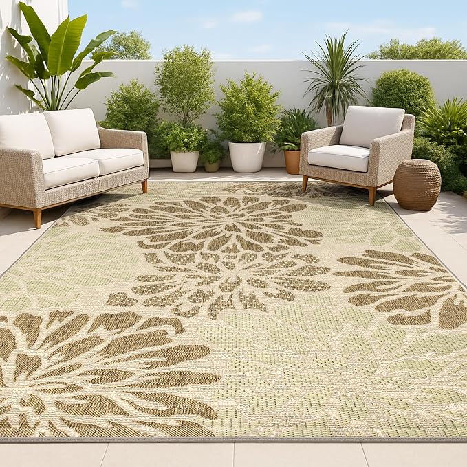 JONATHAN Y Floral Textured Weave Indoor Outdoor Area Rug 6X9 Sage/Brown, Zinnia Modern for Backyard, Patio, Porch, Easy-Cleaning, High Traffic, Pet-Friendly, Non-Shedding (SMB110A-6)