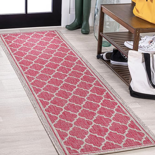 JONATHAN Y Moroccan Trellis Indoor Outdoor Runner Rug 2X8 Fuchsia/Light Gray, Trebol Textured Weave for Backyard, Patio, Porch, Easy-Cleaning, High Traffic, Pet-Friendly, Non-Shedding (SMB109H-28)