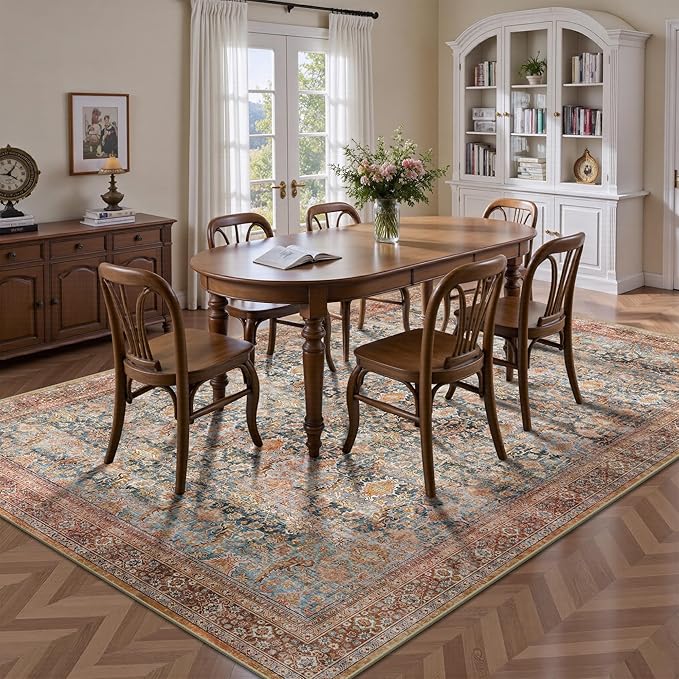 6x9 Area Rugs - Washable Vintage Retro Living Room Rug, Soft Ultra Thin Non Slip Low Pile Traditional Distressed Boho Carpet for Bedroom Dining Room Nursery Home Office, Rust Clay