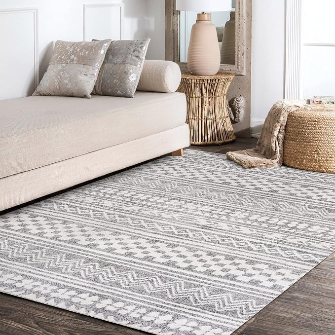 JONATHAN Y Imlil Tribal Stripe Light Gray/Cream Indoor Area Rug, 8x10, Geometric, Bohemian, Casual, Easy-Cleaning for Living Room, Bedroom, Kitchen, Pet Friendly, Non-Shedding (MOH303A-8)