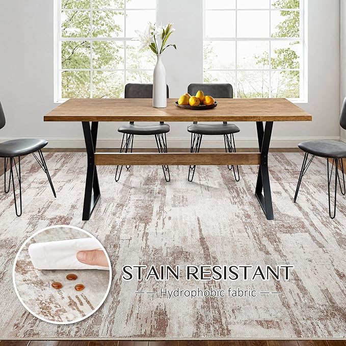 kakania Abstract 6x9 Area Rugs for Living Room: Washable Rugs Light Brown | Soft, Non-Slip, Low-Pile, Pet & Kid Friendly - Modern Home Decor Carpet for Bedroom/Dining Room/Office/Nursery