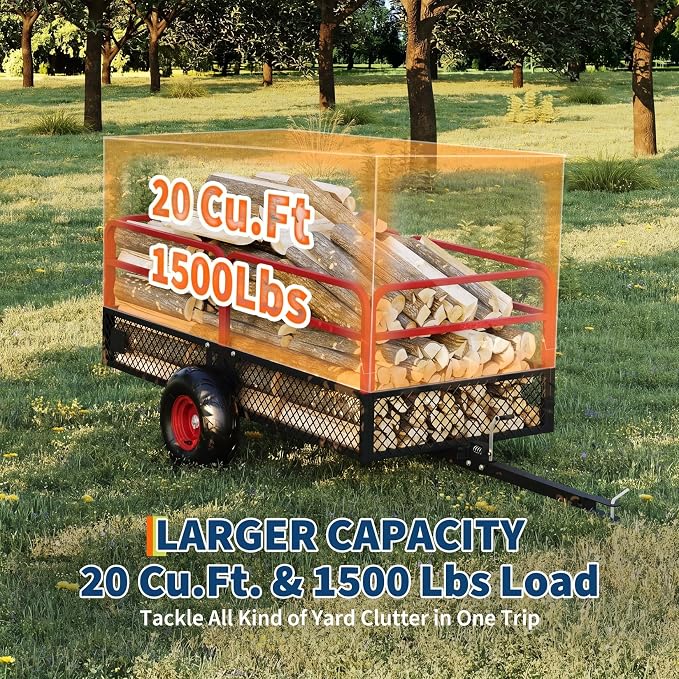 PeakPursuit Tow Behind Steel Dump Cart, Heavy Duty Yard Garden Trailer with Removable Sides & All Terrain Tires, Fits Lawn Mower, Tractor, Garden Cart, 1500 lbs 20 Cubic Feet, Red