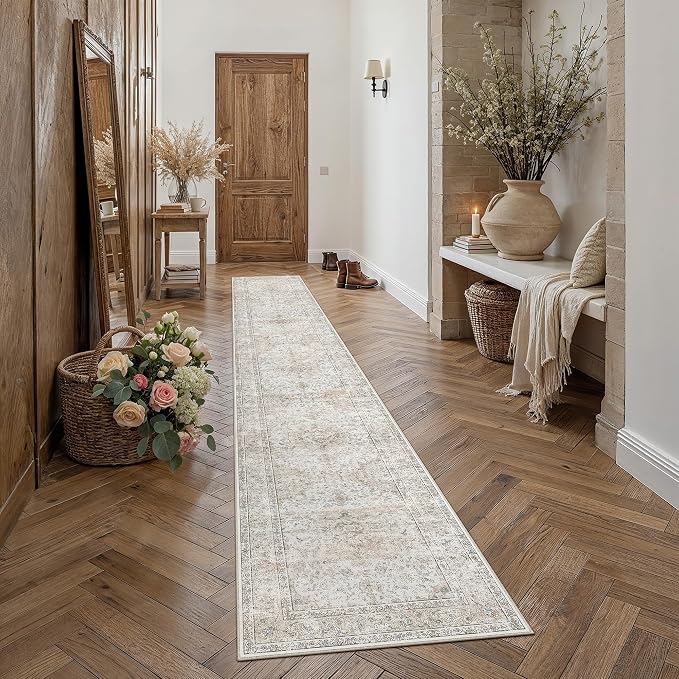 2'6x14 Washable Runner Rug Beige Grey Non Slip Vintage Carpet | Low Pile, Stain Resistant, Kitchen, Bedroom, Entryway, Laundry Room, Hallway, Soft, Thin, Lightweight