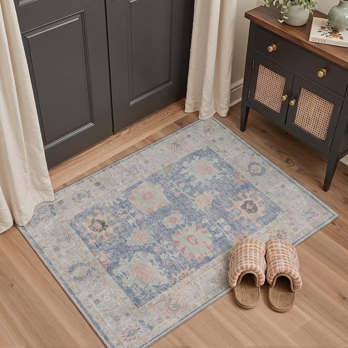2X5 Washable Hallway Runner Rug, Boho Vintage Floral Non Slip | Dusty Blue Floral Runner, Soft Faux Wool Rug for Corridor Kitchen Entryway, Stain Resistant, Pet-Friendly, Non-Shedding, Thin