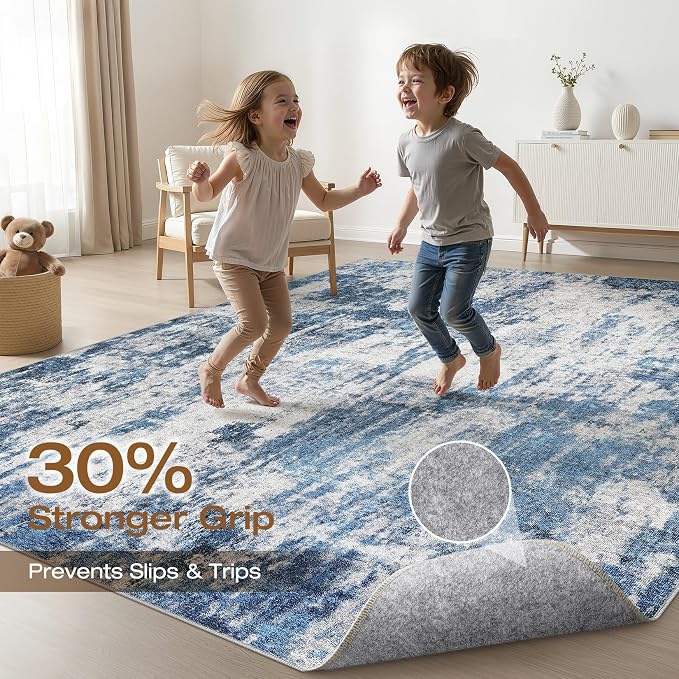 LOONGRUG 6x9 Area Rug Washable Neutral Modern Rug for Living Room Navy Gray | Abstract Soft Stain Resistant Indoor Non-Slip Carpet for Bedroom Nursery Kids Office Playroom Dining Room