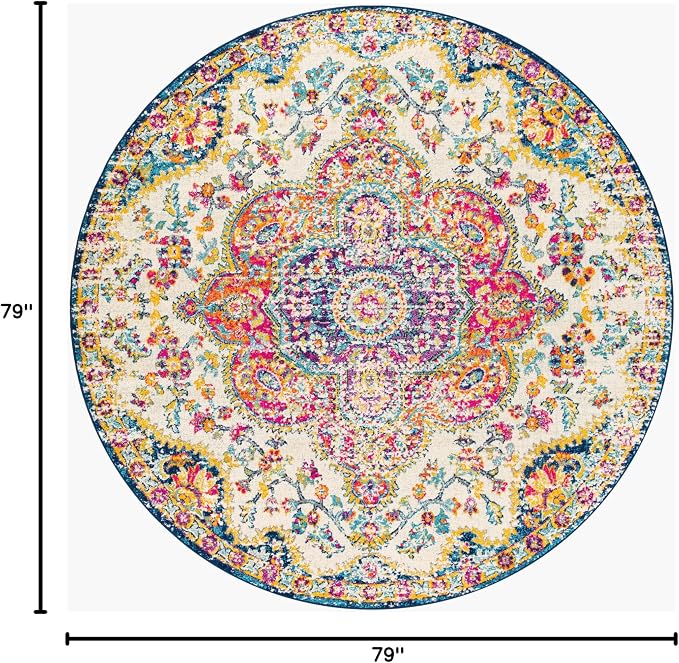 Livabliss Area Rugs - 7ft Round Romaine Vintage Boho Fuchsia Mustard Blue Round Area Rug for Living Room Bedroom - Floral Medallion Stain Resistant Carpet for Kitchen, Nursery, Office (6'7" Round)