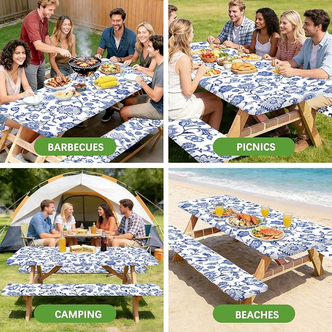 Picnic Table Cover with Bench Covers Elastic Edges, 3 Pcs Flower View Fitted Table Cover with Drawstring Bag, Waterproof Windproof Aesthetic Camping Tablecloth, Outdoor Camping Essentials 72 Inch