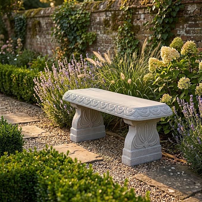 Limestone White Patio Bench - Small Outdoor Bench - Front Porch Seating for Garden Yard - Outdoor Seat Backless Decorative Pedestal Patio Furniture - Weather Resistant Realistic Stone Look