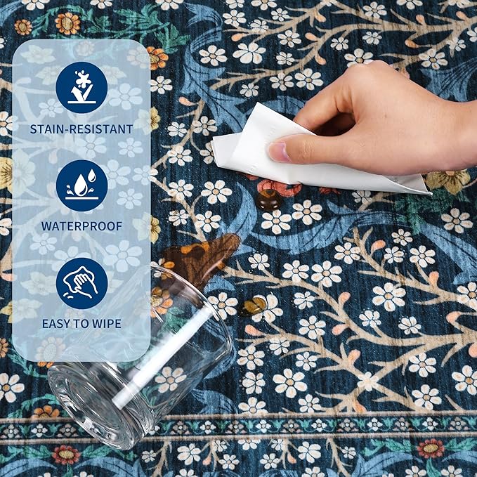 GarveeHome Blue Floral 2x6 Washable Kitchen Runner Rug | Vintage Stain Resistant Rugs for Entryway Hallway Bedroom Bathroom Low-Pile Non-Slip Soft Botanical Boho Rug TPE Backing