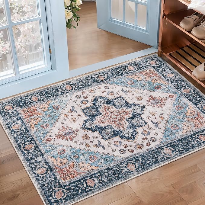 SERISSA 2x3 Washable Non Slip Floral Boho Small Area Rug for Entryway | Ultra Soft Vintage Oriental Carpet Low-Pile Blue Orange Indoor Mat for Bedroom Kitchen Bathroom Entrance Floor