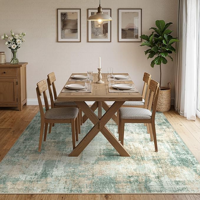 DMOYEST 8x10 Area Rug for Living Room Washable Abstract Indoor Carpet | Neutral Modern Low Pile Rugs Kid & Pet Friendly Large Soft Thin Carpet for Bedroom Dining Room and Office - Green