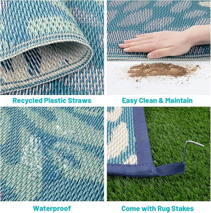 HEBE Waterproof Outdoor Rug 6x9 for Patios, Floral Reversible Plastic Straw Rug Patio Mat, Indoor Outdoor Carpet RV Mat Camping Rug for Deck, Camper, Porch, Balcony, Backyard, Picnic