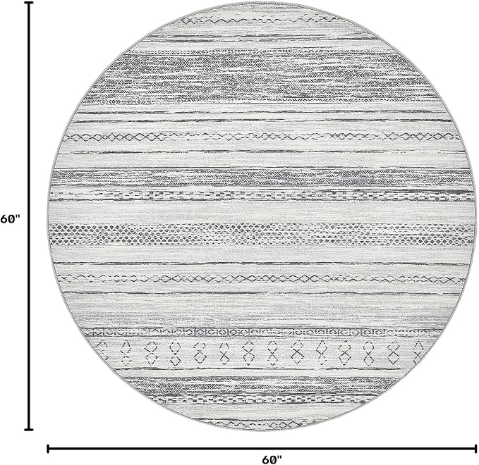Tortania 5' Round Area Rug Living Room Rugs - Washable Large Soft Neutral Boho Moroccan Bohemian Farmhouse Rug Indoor Floor Carpet for Bedroom Under Dining Table Home Office Decor - Grey