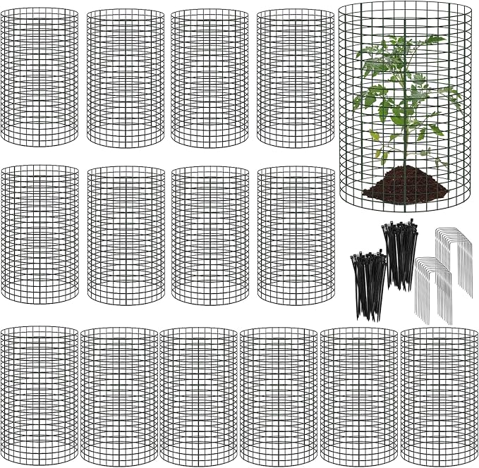 45 Pcs Large Wire Plant Protector from Animals, 15 Pack 24" H X 12" Dia Metal Plant Cage Chicken Wire Cloche with Ground Stakes and Nylon Tie to Keep Animals Out, Garden Protection Bunny Barricade