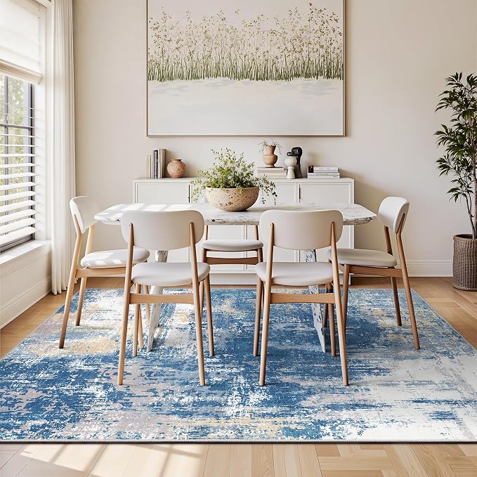 5x7 Rugs for Living Room - Modern Abstract Washable Rug, Ultra Soft Non Slip Low Pile Large Rugs, Floor Carpet for Bedroom Dining Room Office Laundry Nursery Home(Blue & Beige)