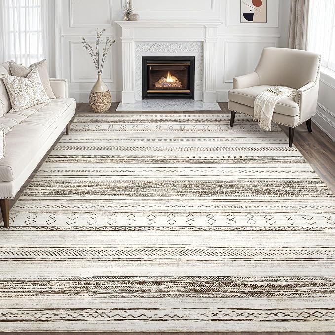 Tortania Area Rug Living Room Rugs - 7x9 Washable Large Soft Neutral Boho Moroccan Bohemian Farmhouse Rug Indoor Floor Carpet for Bedroom Under Dining Table Home Office Decor - Beige
