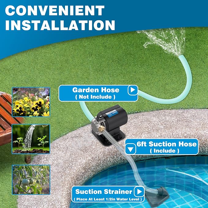 Acquaer Portable Electric Utility Water Transfer Pump 1/10 HP with Suction Hose Kit, Low Suction Water Removal for Water Beds, Pools, Rain Barrel, Aquariums, RV