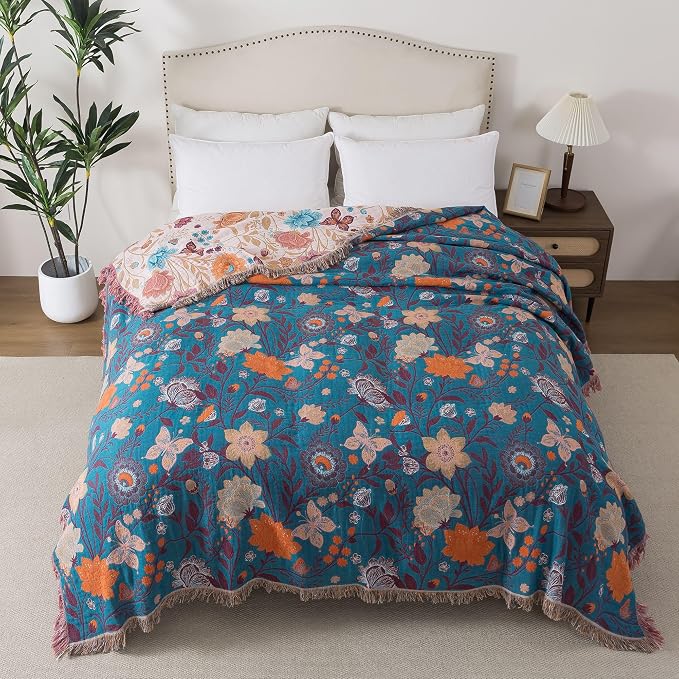 Phuryllic Boho Throw Blanket Queen Size, Soft Cozy Cotton Muslin Quilt Blanket for Bed Decor, Floral Patterned Couch Sofa Chair Cover, Vintage Farmhouse Cottage Tapestry Woven Blanket, Coral&Green