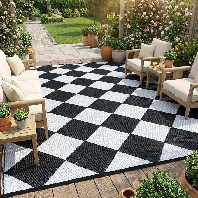 Garvee Outdoor Rug 9x18 Outdoor Patio Rug Reversible Plastic Straw Rugs Waterproof Foldable Mat Easy Clean Lightweight Carpet for Backyard Camping Porch RV Beach Balcony Deck Picnic Checkered White