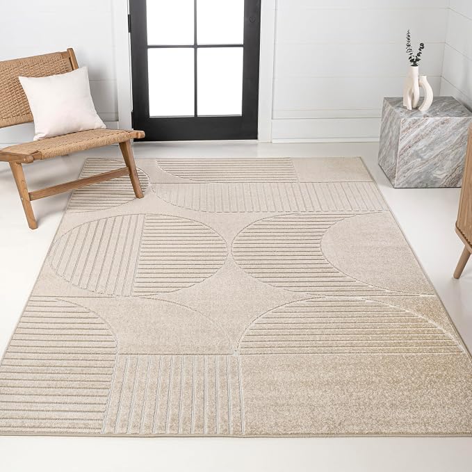 JONATHAN Y Nordby High-Low Arch Striped Indoor/Outdoor Area Rug, 4x6, Beige/Cream, for Patio, Backyard, Living Room, Bedroom, Office, Hose-Washable (SCN104E-4)