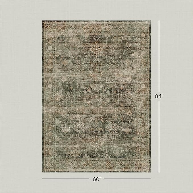 Vintage Olive Green Area Rugs for Living Room, Dining Room Under Table, 5x7 Washable Boho Dark Academia Distressed Geometric Large Rug, Stain Resistant Low Pile Anti-Slip Ultra Soft