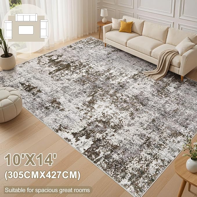 DMOYEST 10x14 Area Rug for Living Room Washable Abstract Indoor Carpet | Neutral Modern Low Pile Rugs Kid & Pet Friendly Large Soft Thin Carpet for Bedroom Dining Room - Dark Brown